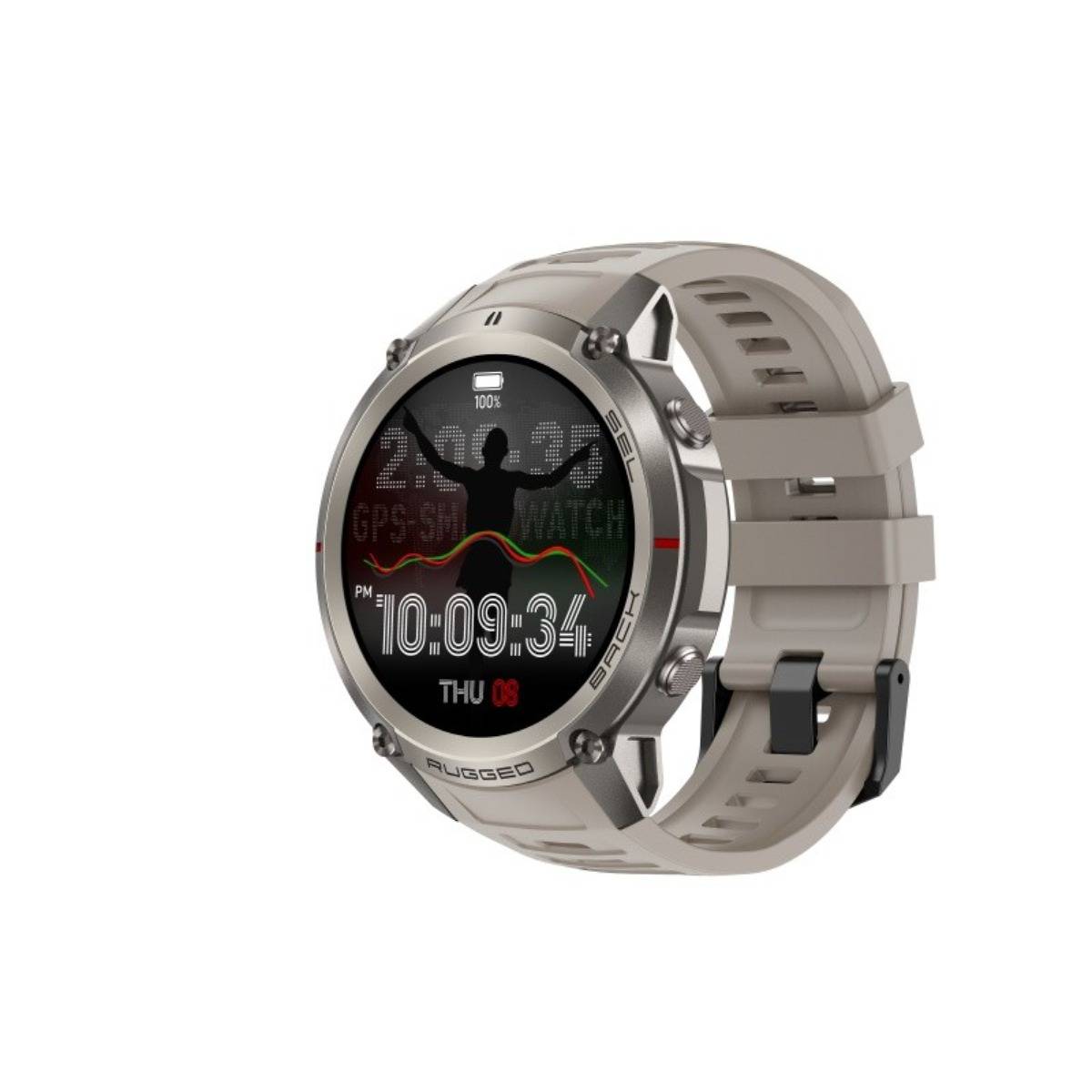 Robuste graue Smartwatch mit rundem digitalen Display, das 10:09:34, Donnerstag 08 und Fitness-/GPS-Indikatoren auf weißem Hintergrund anzeigt.