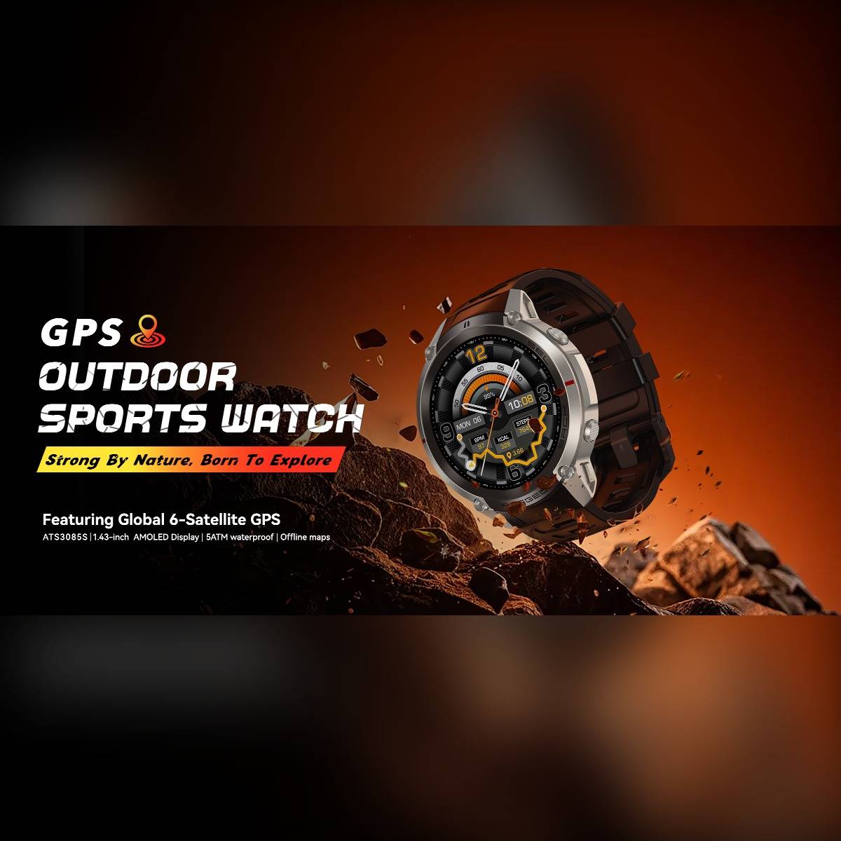 Werbebild einer GPS-Outdoor-Sportuhr, die über felsigem Gelände schwebt, mit Text, der für „GPS-OUTDOOR-SPORTUH