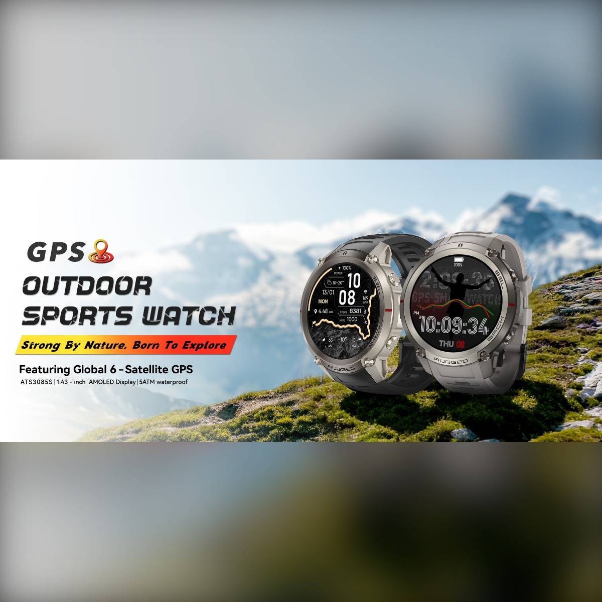 Anzeige für GPS-Outdoor-Sportuhren mit zwei Smartwatches auf einem Bergkamm, mit globalem und Satellit-GPS sowie AMOLED-Display.