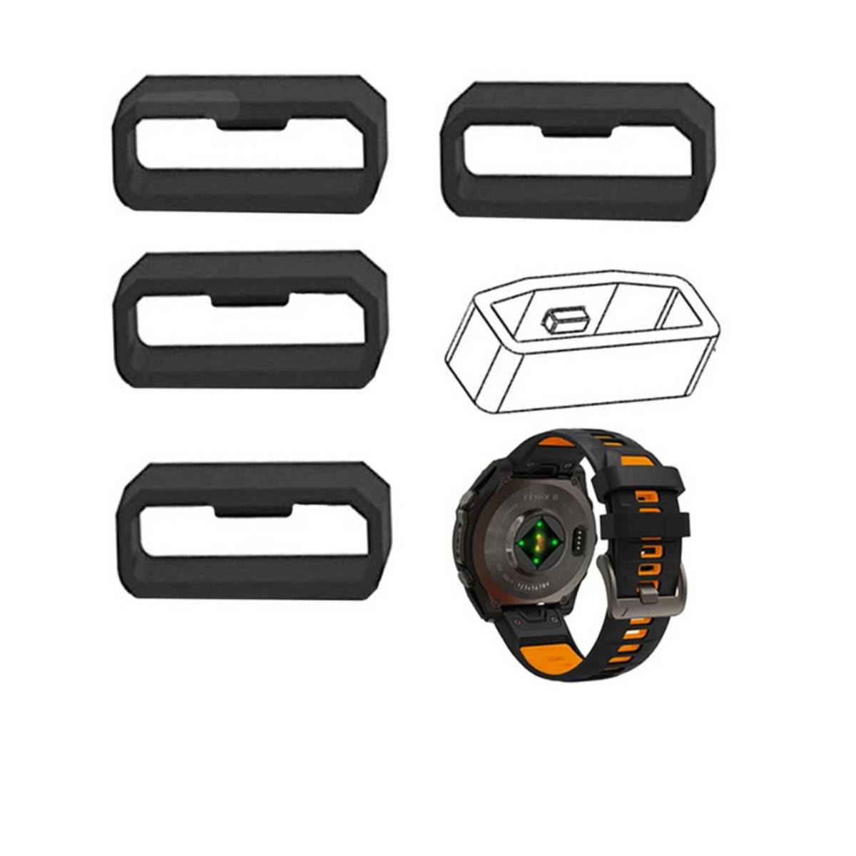 Fünf schwarze rechteckige Uhrenringschutzvorrichtungen und eine Strichzeichnung zeigen, wie eine auf eine robuste Smartwatch mit orangefarbenen Akzenten passt.
