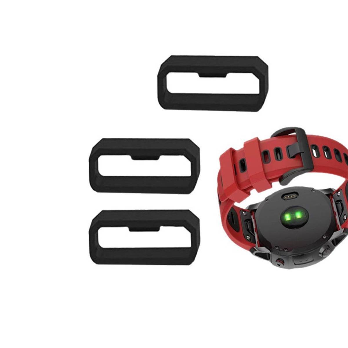 Rote Smartwatch mit drei schwarzen rechteckigen Riemenadaptern, die daneben auf weißem Hintergrund gezeigt werden.
