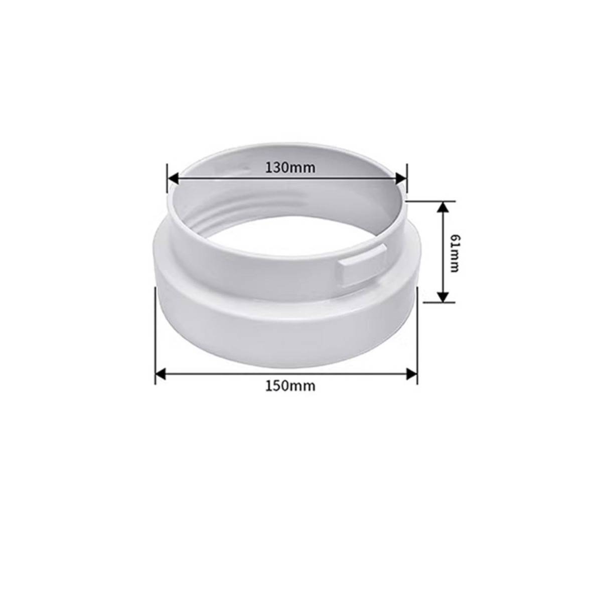 Weißes kreisförmiges ringförmiges Produktdiagramm mit Abmessungen: 130 mm innere Breite, 150 mm äußere Breite und 61 mm Höhe.