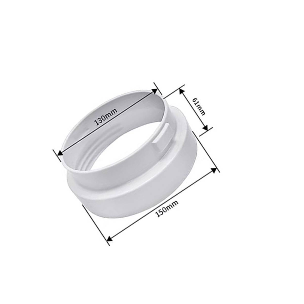 Weißer Kunststoffrohr-Adapteurring in Perspektivdarstellung mit beschrifteten Abmessungen von 130 mm, 150 mm und 61 mm.