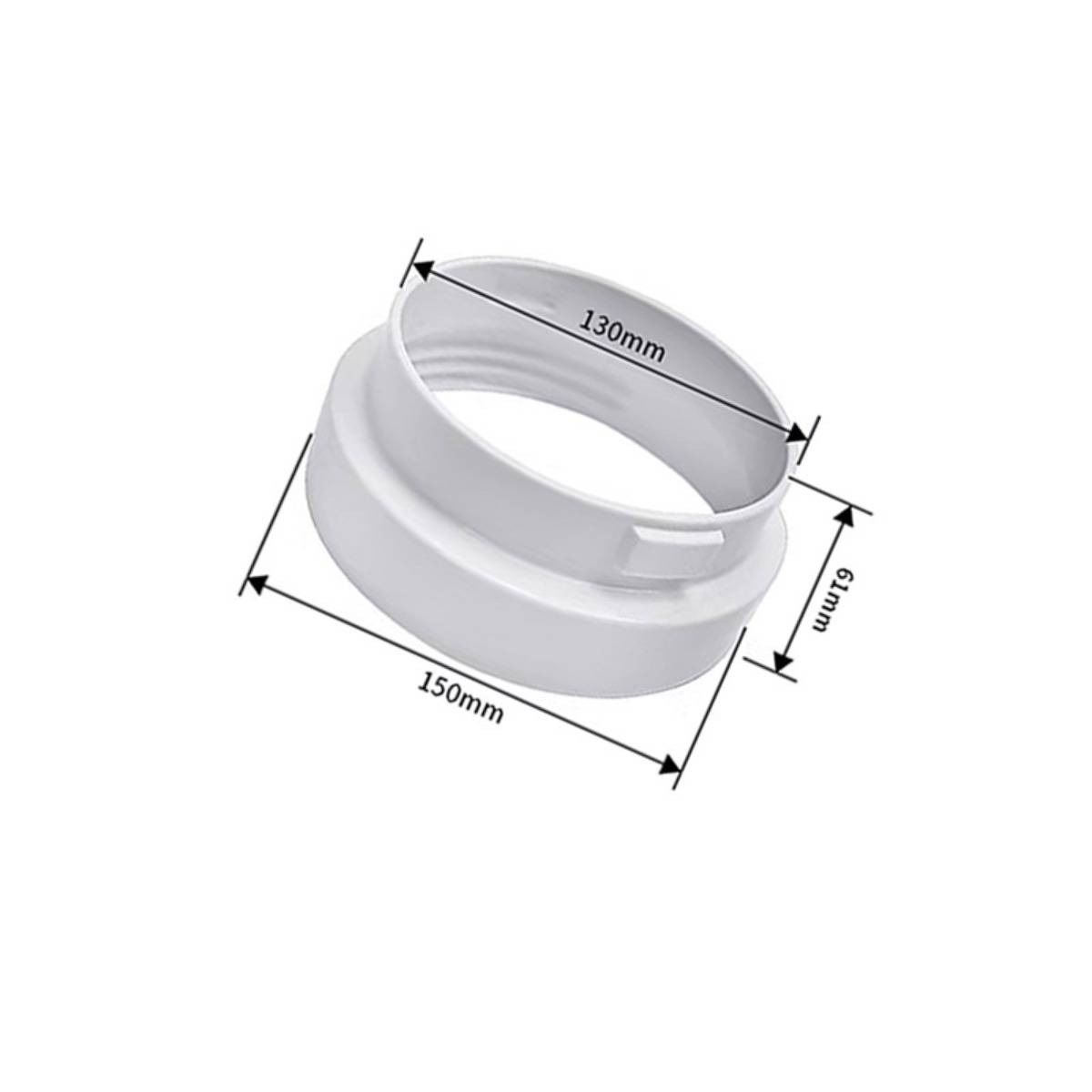 Weißes Kunststoff-Reduzierstück für Kanäle mit den Abmessungen 150 mm breit, 130 mm Öffnung und 61 mm hoch.