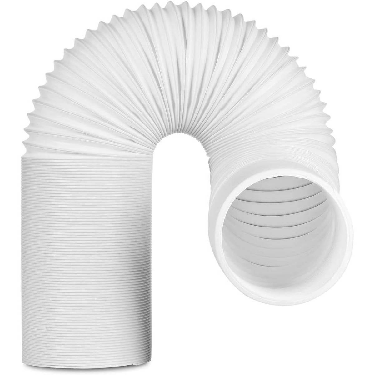 Weiße flexible gewellte Lüftungsleitung in L-Form gebogen auf neutralem Hintergrund.