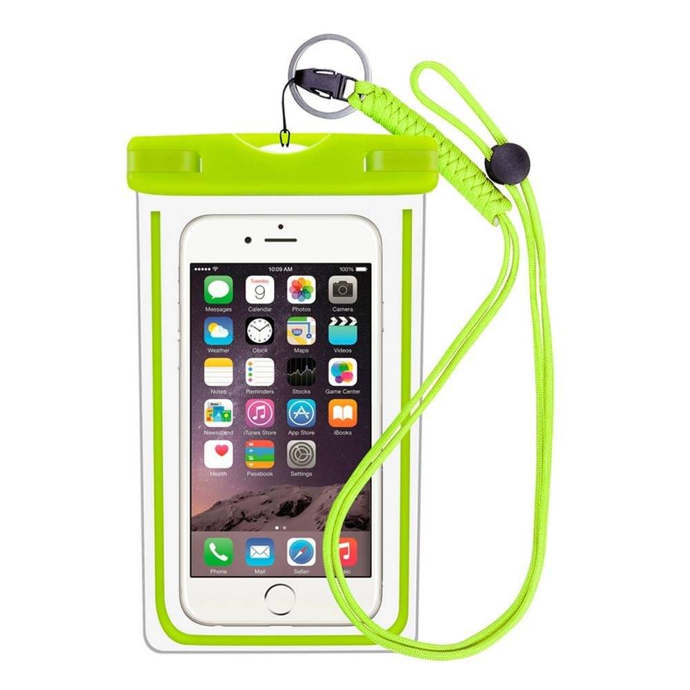 Ein weißes Smartphone in einer lime-grünen wasserdichten Schutzhülle mit einer neon-grünen Umhängeschlaufe, dargestellt vor einem einfachen weißen Hintergrund.
