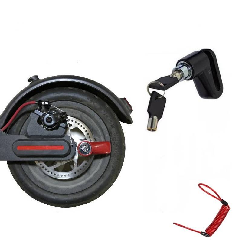 Elektro-Roller-Rad mit integriertem Schloss und separatem Schlüssel; rotes Erinnerungskabel in Spiralform auf weißem Hintergrund dargestellt.