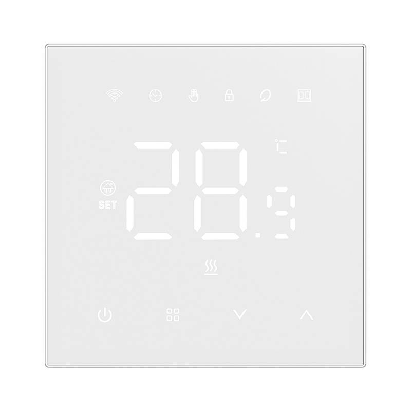 Weiße digitale Thermostat-Anzeige mit 28,9°C und Touch-Symbolen für Wi-Fi, Stromversorgung, Einstellung, Lüfter sowie Temperatur-Auf- und Abwärtssteuerung.
