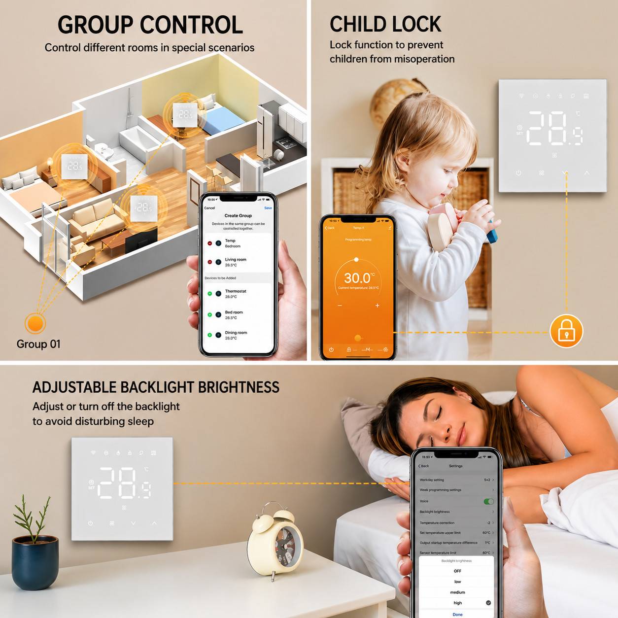 Werbegrafik mit intelligenten Thermostat-Funktionen: Gruppensteuerung für verschiedene Räume, Kindersicherung und einstellbare Displayhelligkeit über eine Telefon-App.