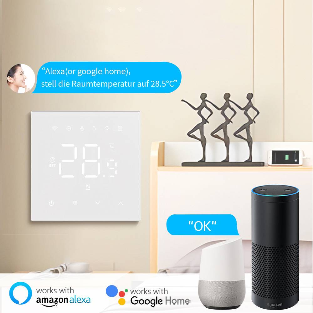 Intelligentes Zuhause-Szenario mit einem Wandthermostat, das per Sprachbefehl an Alexa oder Google Home auf 28,5°C eingestellt ist, gezeigt mit intelligenten Lautsprechern und Kompatibilitätslogos.