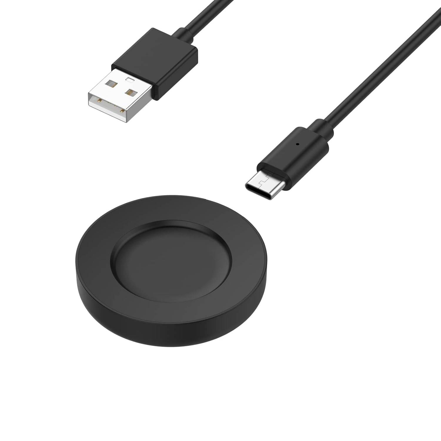 Schwarzes rundes kabelloses Ladegerät mit USB-A- und USB-C-Kabeln auf weißem Hintergrund.
