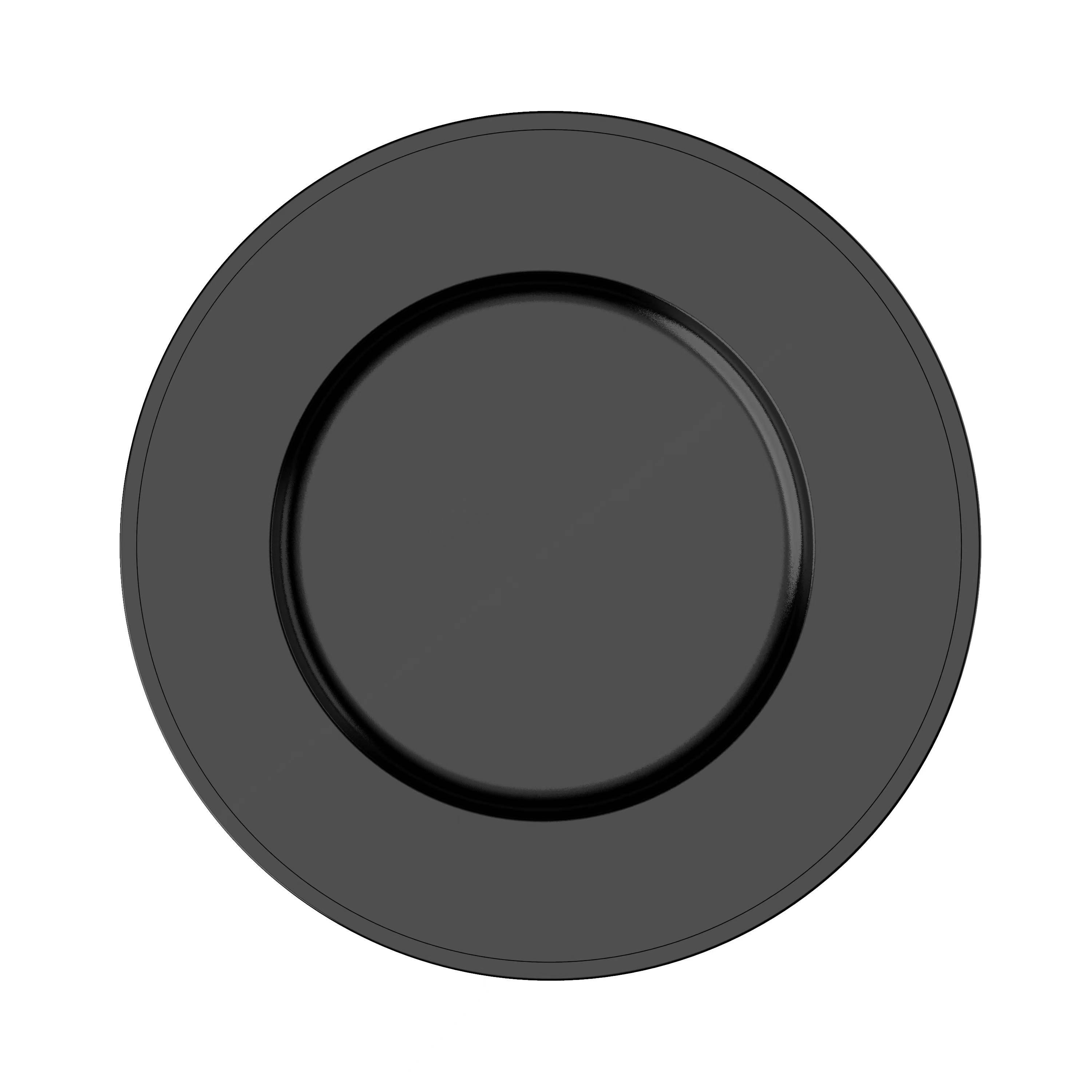 Dunkelgraue kreisförmige Schaltfläche oder Scheibe mit erhöbenem innerem Ring, dargestellt auf weißem Hintergrund.