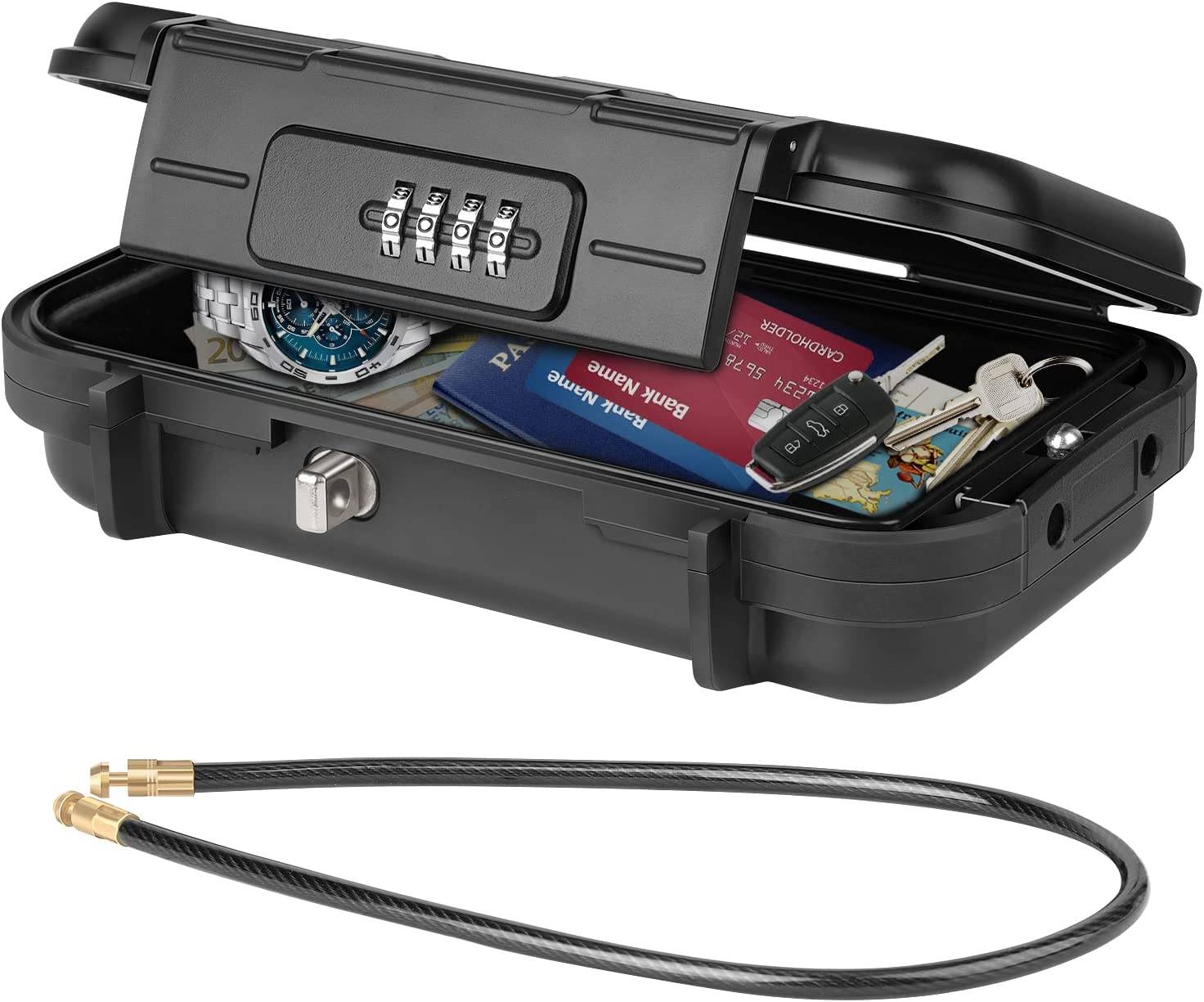 Schwarze tragbare Dokumentenbox mit Kombinationsschloss, offen zur Anzeige von Pässen, Bargeld, Uhr und Schlüsseln; inklusive Kabel-Sicherheitsleine unten.