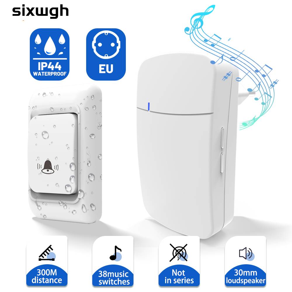 Sixwgh Funk-Türklingel-Set mit IP44-Wasserschutz und EU-Stecker-Symbolen, zeigt zwei weiße Klingeltöne und Funktionen: 300 m Reichweite, 38 Musikschalter, 30 mm Lautsprecher.