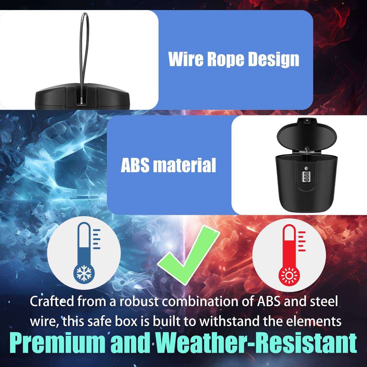 Werbegrafikprodukt für einen Tresor, das "Drahtseildäsign"", ""ABS-Material"" und ""Premium und wetterfest"" hervorhebt, mit offenen und geschlossenen Produktbildern.