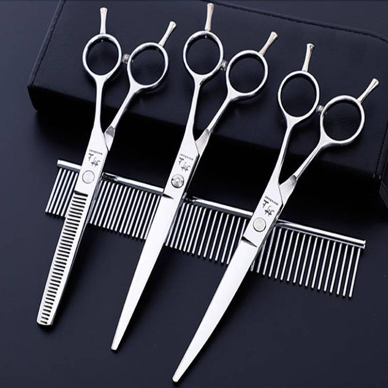 Drei silberne Friseurscheren mit Kammaufsätzen auf einem schwarzen Etui präsentiert, was auf ein professionelles Grooming- oder Friseur-Set hindeutet.