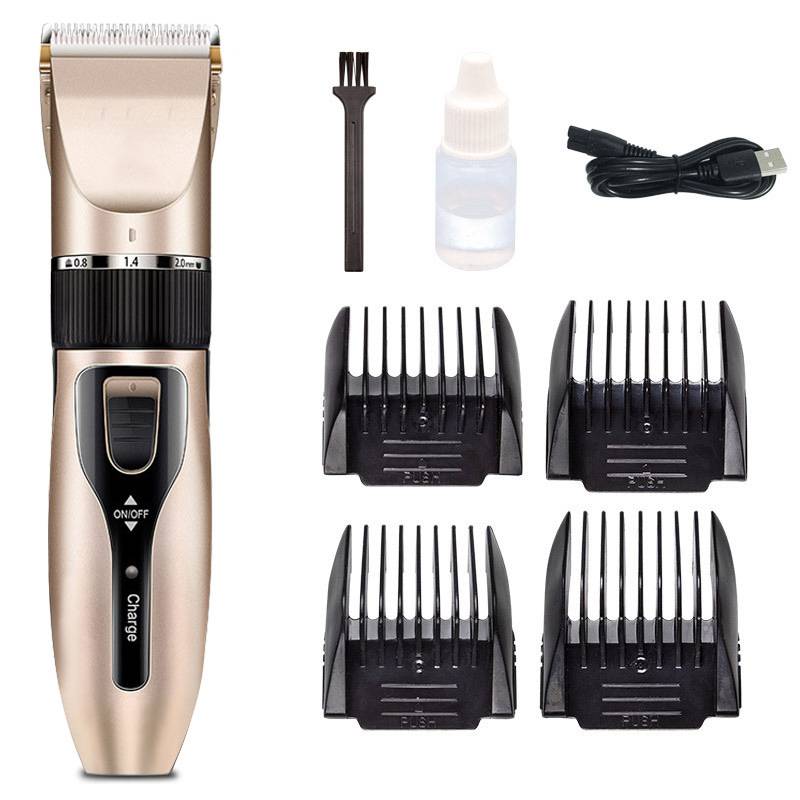 Kabelloses Haarschneidemaschinen-Set mit Ladekabel, Ölflasche, Reinigungsbürste und vier Kammaufsätzen auf weißem Hintergrund.