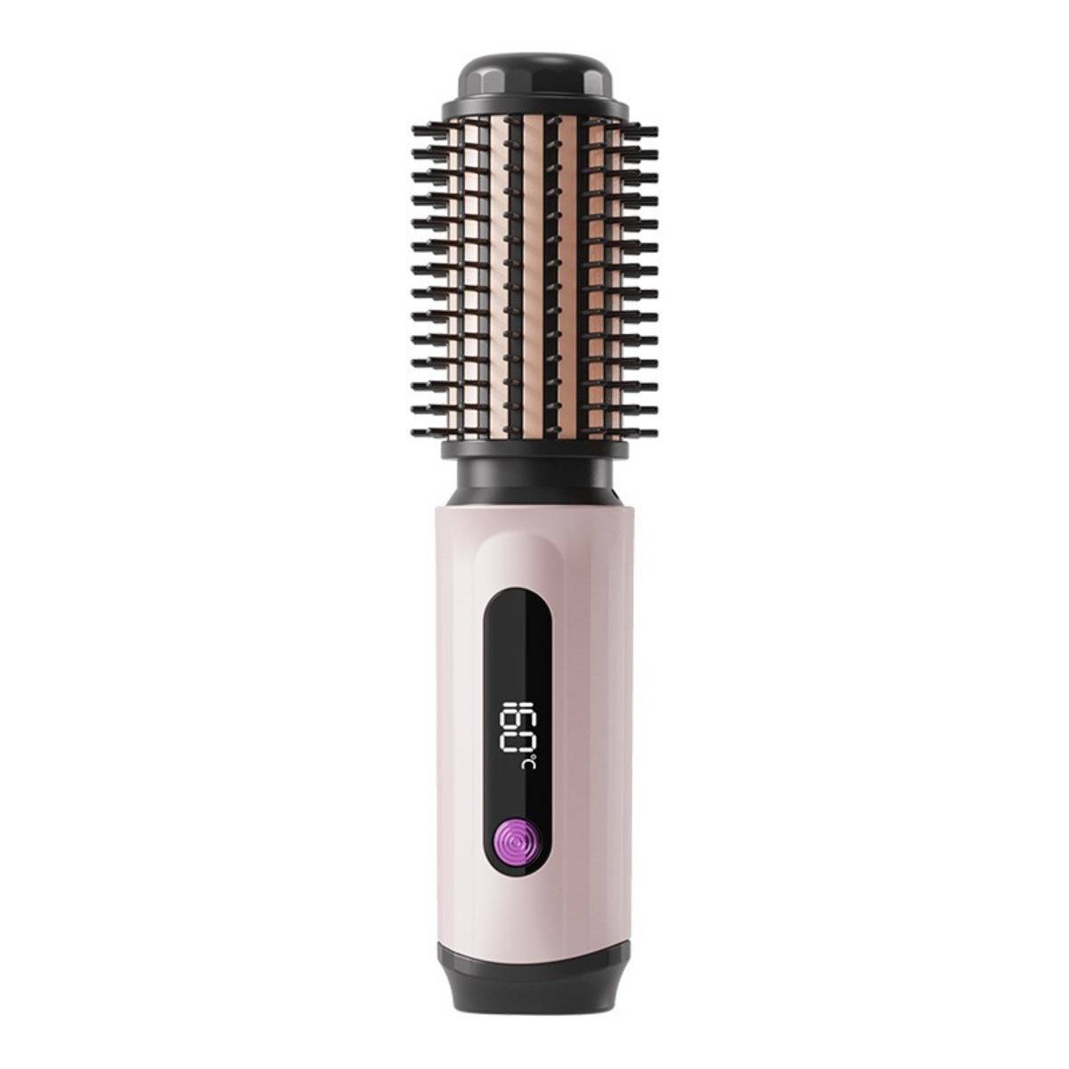 Eine zylindrische beheizte Haarstyling-Bürste mit digitaler Temperaturanzeige und violettem Netzschalter auf weißem Hintergrund.