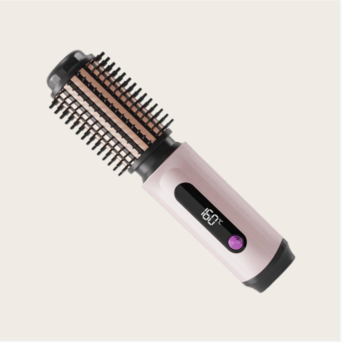 Rosa beheizter Haarstyling-Pinsel mit digitaler Temperaturanzeige, die 160°C auf einem einfachen hellen Hintergrund anzeigt.