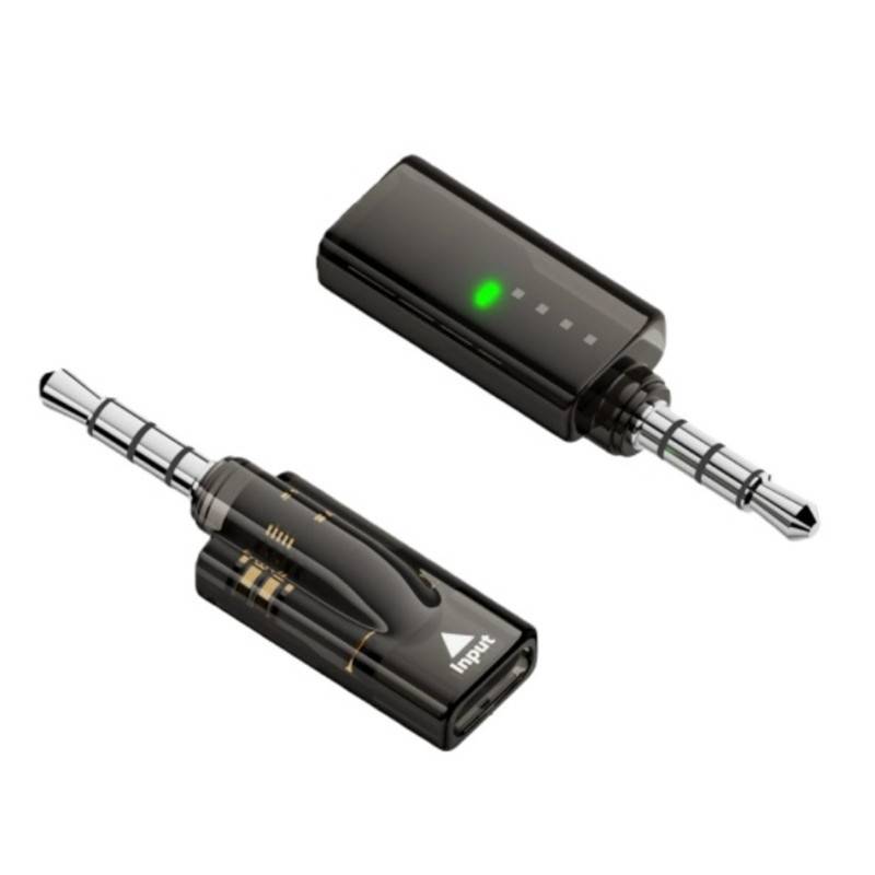 Zwei schwarze 3,5-mm-Audioadapter, einer mit der Beschriftung „Eingang