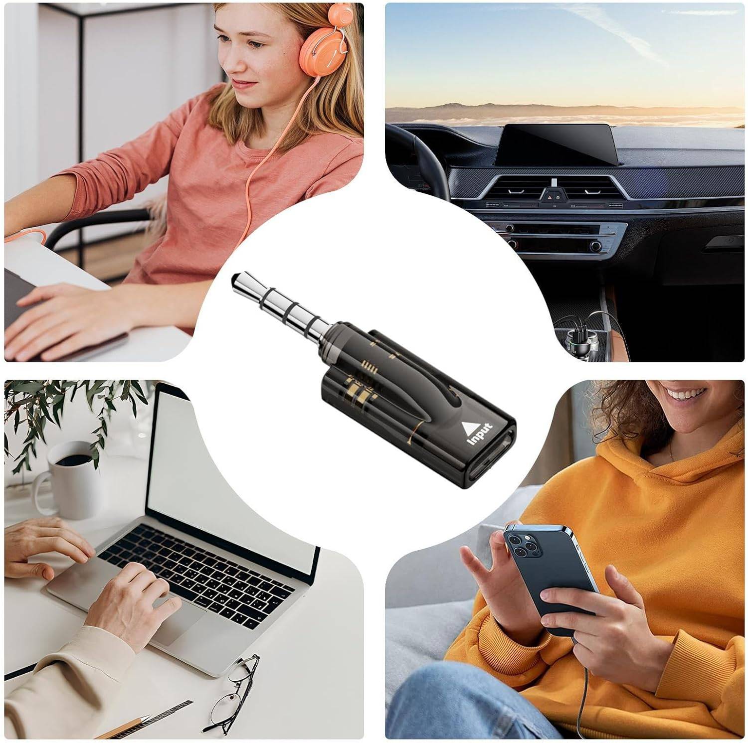 Collage eines einziehbaren Stiftts in der Mitte, der mit Laptops, einem Automobil-Armaturenbrett-Display und Smartphones von verschiedenen Personen verwendet wird.