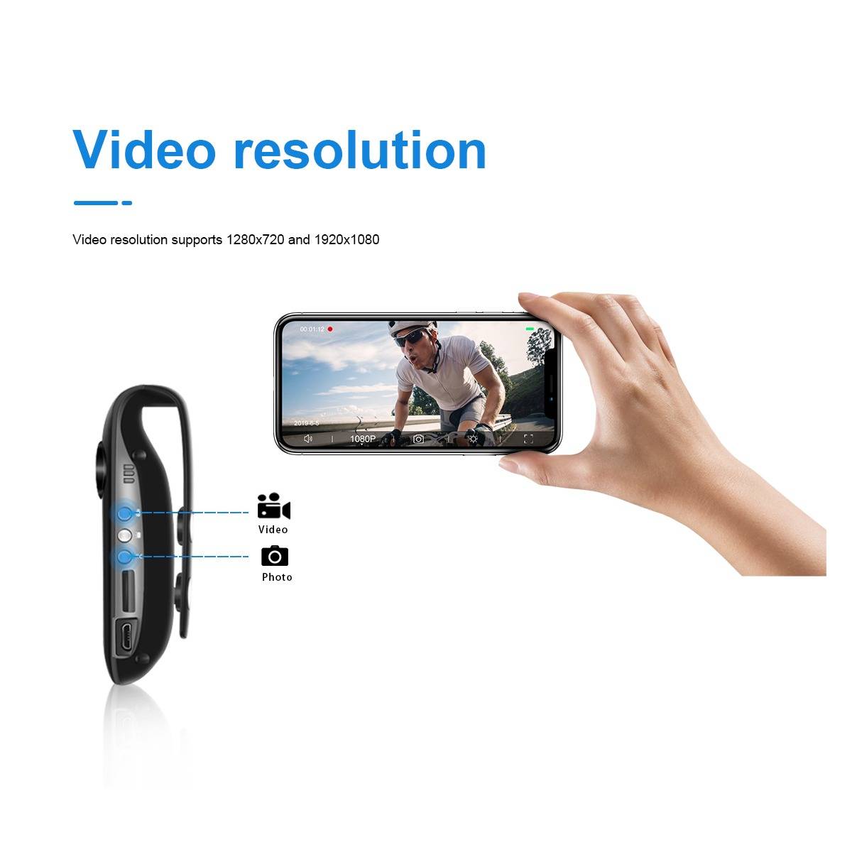 Die Anzeige zeigt eine intelligente Kamerabrille mit einer Handyvorschau und dem Text „Videoauflösung unterstützt 1280x720 und 1920x1080