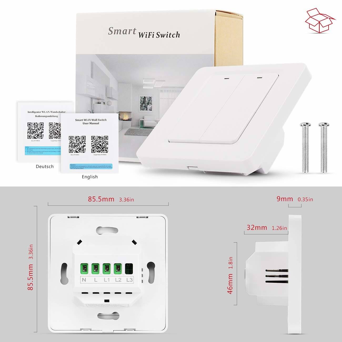Produktbild eines Smart-WiFi-Schalters mit Verpackung, QR-Code-Handbüchern, Schrauben und Größendiagrammen mit 85,5 mm Quadratfläche, 9 mm Dicke und 32 mm Tiefe.