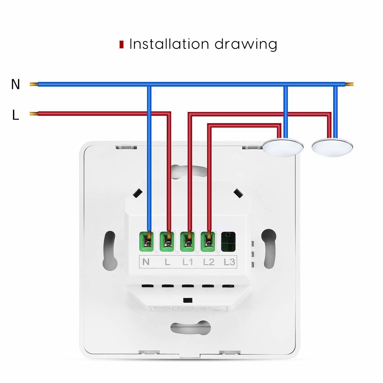 Installationsschema mit Verdrahtung für einen Wandschalter mit Anschlüssen N, L, L1, L2, L3 verbunden mit Neutralleiter, Phase und zwei Leuchten.