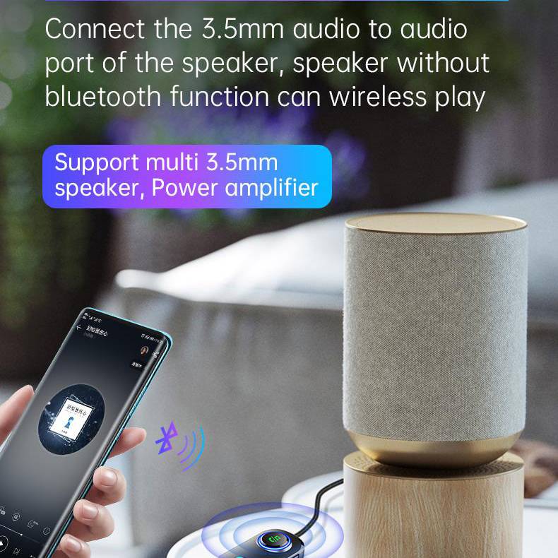 Ein Telefon verbindet sich per 3,5-mm-Audiobuchse mit einem Lautsprecher für kabelloses Abspielen; der Text besagt, dass es mehrere 3,5-mm-Lautsprecher und Leistungsverstärker unterstützt.