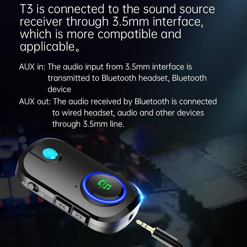 Werbegrafik eines T3 3,5-mm-Bluetooth-Audioadapters, die AUX-Eingang von einer kabelgebundenen Quelle zu Bluetooth-Geräten und AUX-Ausgang von Bluetooth zu kabelgebundenen Kopfhörern/Lautsprechern zeigt.