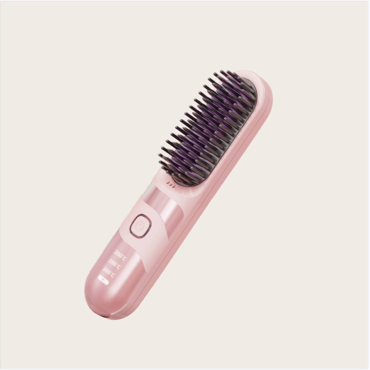 Rosa elektrische Haarglättungsbürste mit schwarzen Borsten, gezeigt auf einem einfachen hellen Hintergrund.