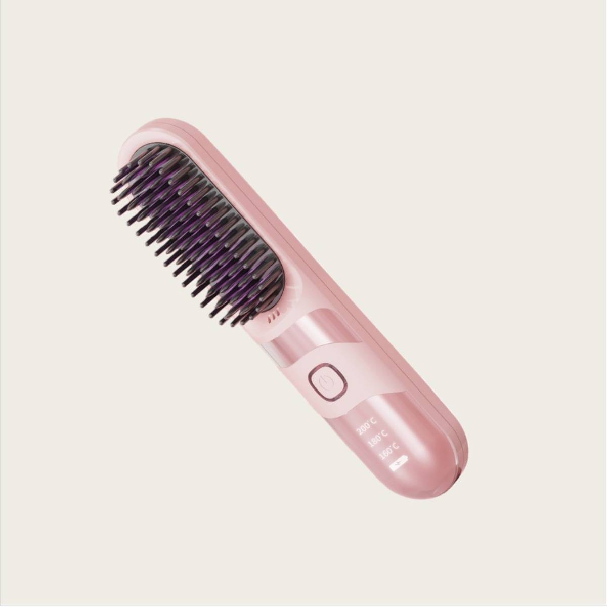Rosa elektrische Haarglättungsbürste mit schwarzen Borsten auf einfachem hellem Hintergrund.