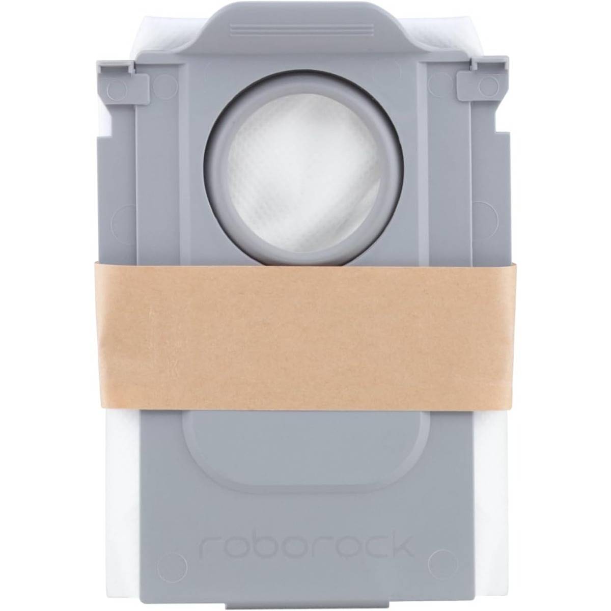 Grauer Roborock-Roboterstaubsauger mit Staubsack und kreisförmigem Filter, umwickelt mit einem braunen Kartonband auf weißem Hintergrund.