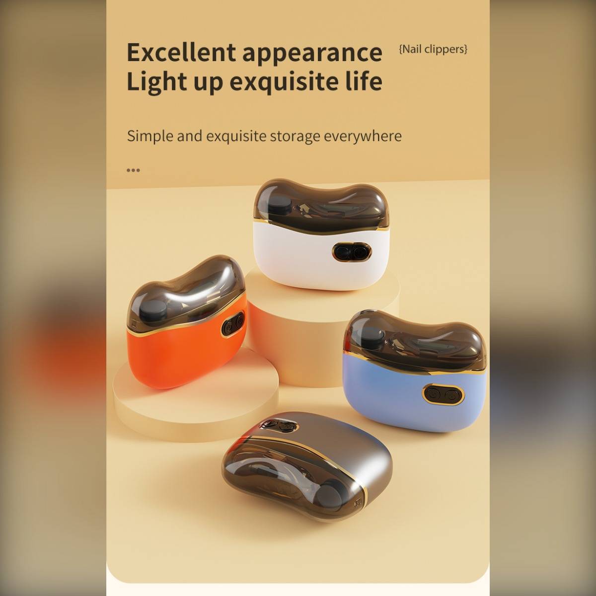 Anzeige für Nagelknipser mit vier farbenfrohen kompakten Knipsern auf Sockeln mit Text: „Hervorragendes Aussehen Beleuchtet das exquisite Leben