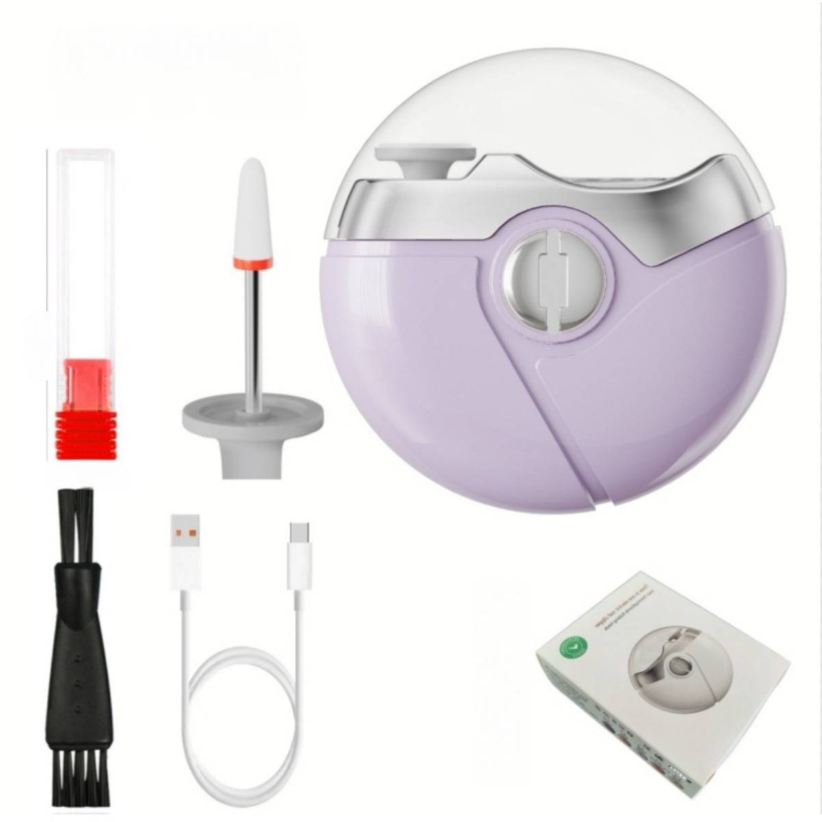 Satz von E-Zigaretten-Zubehör: ein Lavendel-Vape-Gerät, Nachfüllflasche, austauschbare Pod, USB-Ladekabel, Reinigungsbürste und Produktbox.
