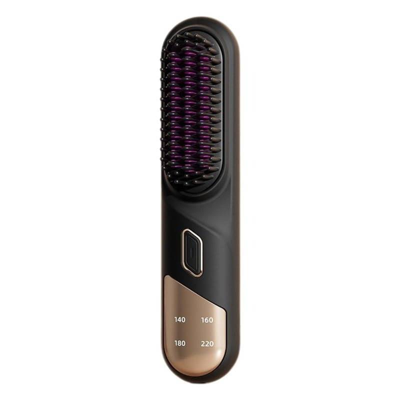Schwarze elektrische Haarbürste zum Glätten mit violetten Borsten und einem kleinen Display, das die Temperatureinstellungen 140, 160, 180, 220 anzeigt.