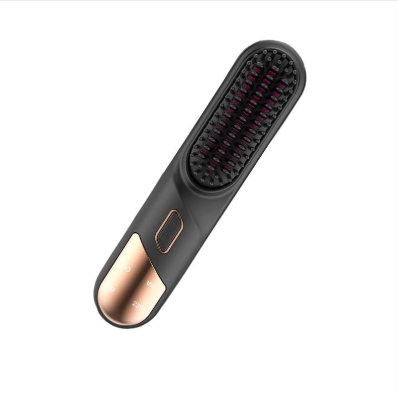 Schwarze tragbare elektrische Haarglättungsbürste mit roségoldenem Bedienfeld auf weißem Hintergrund.