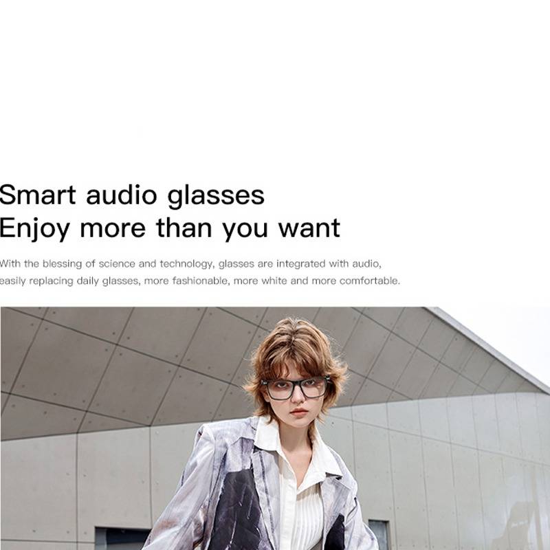 Anzeige für "Smart Audio Brille"" mit einer Frau, die stylische Brille vor einem modernen Gebäude trägt und audiointegierte Brillen bewirbt.