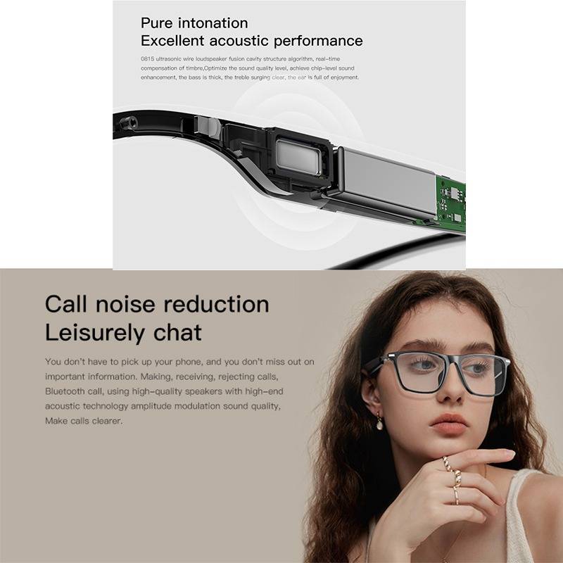 Werbegrafik für In-Ear-Kopfhörer: „Reine Intonation, Hervorragende akustische Leistung" über einer Schnittdarstellung eines In-Ear-Kopfhörers, mit einer Frau und Text, der Anrauschartenminderung und klare Gespräche hervorhebt.