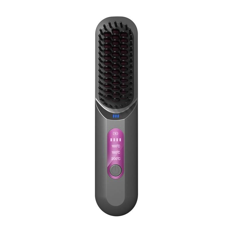 Schwarze elektrische Haarbürste zum Glätten mit lila Temperaturanzeige und Ein-/Ausschalter auf weißem Hintergrund.