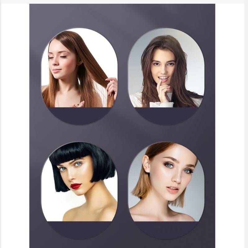 Vier Portraitfotos zeigen Frauen mit verschiedenen Frisuren und Haarfarben, angeordnet in einem 2x2-Raster auf dunklem Hintergrund.
