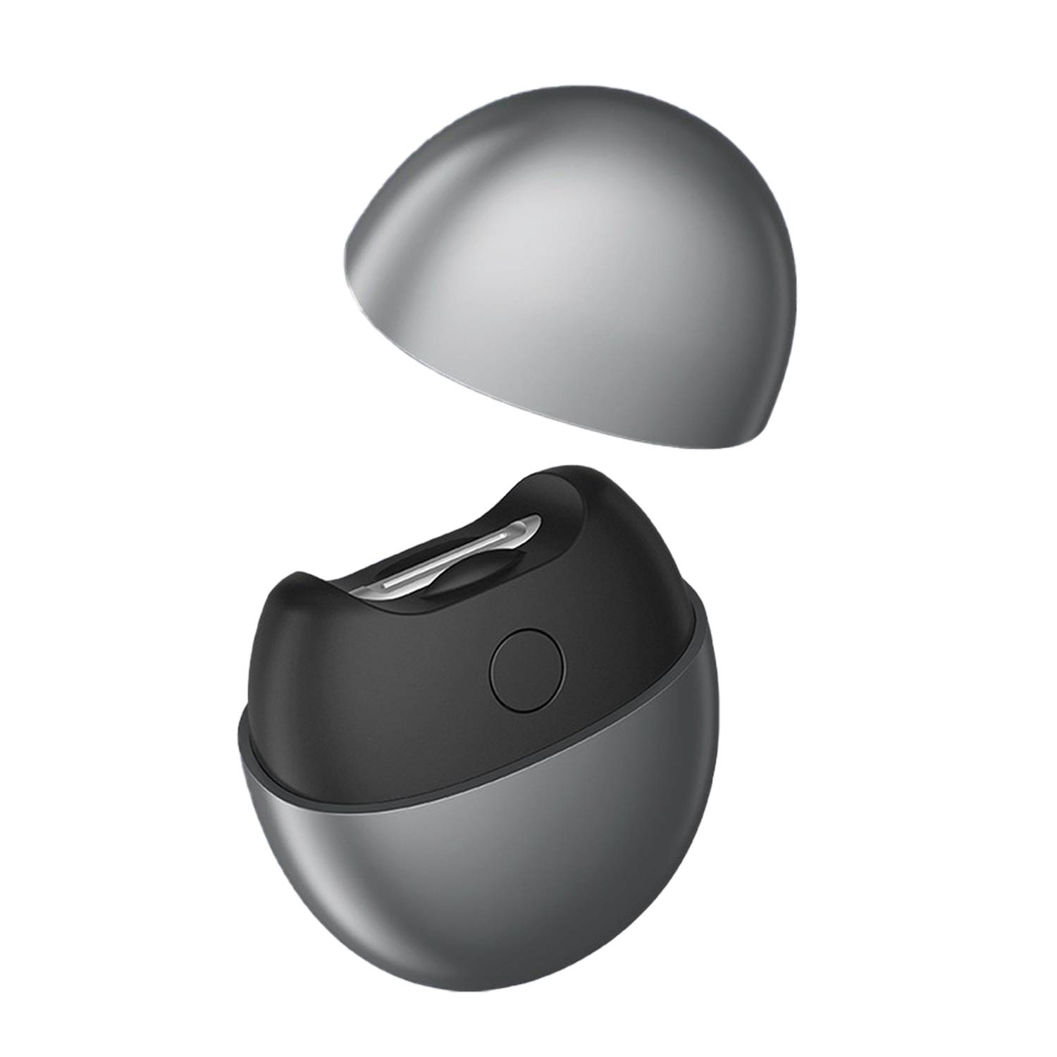 Schwarzes und silbernes Earbud-Ladeetui, offen dargestellt, mit dem Deckel über der Basis auf weißem Hintergrund getrennt.