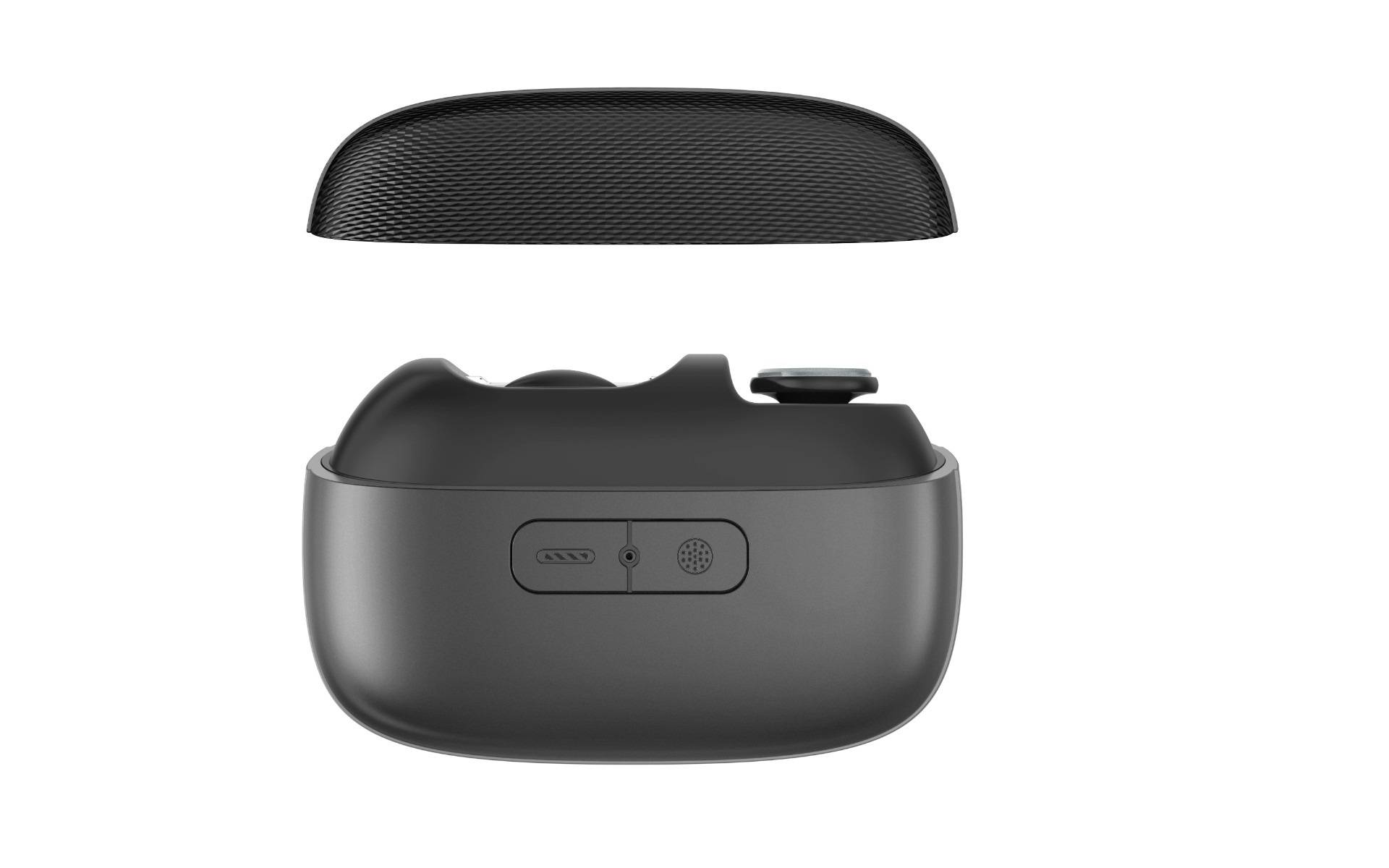 Wireless-Ohrhörer-Ladeetui, das mit offener Oberseite mit strukturiertem schwarzem Deckel über einem dunkelgrauen Etui gezeigt wird, wobei der vordere Ladeanschluss und der Kopplungsindikator sichtbar sind.