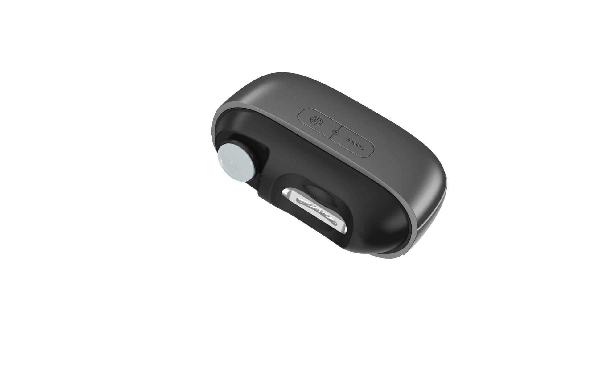 Schwarze tragbare Taschenlampe mit einer Seitentaste und einer LED-Leuchte an der Vorderseite, gezeigt auf einem einfachen weißen Hintergrund.