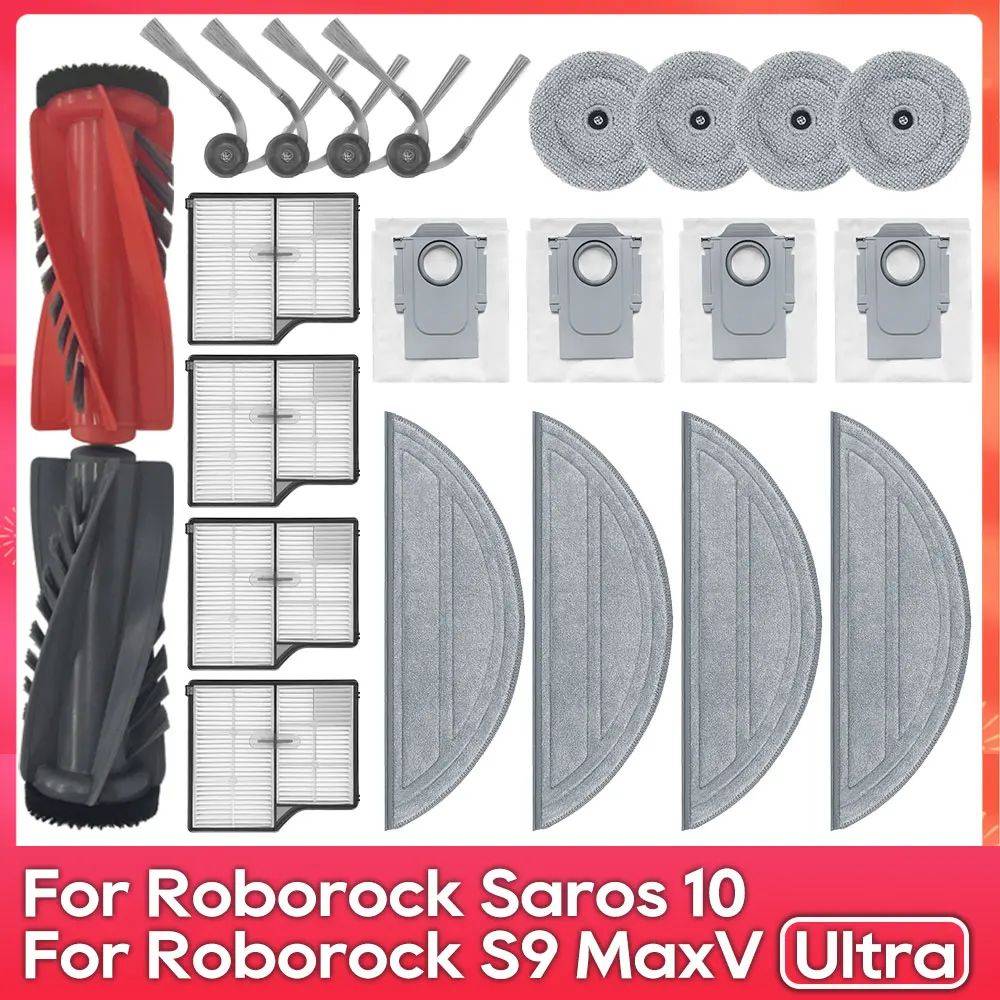 Produktbild eines Ersatzteilsets für Roborock Saros 10 und S9 MaxV Ultra, das Bürsten, Filter, Beutel, Mopptücher und Seitenwalzen zeigt.
