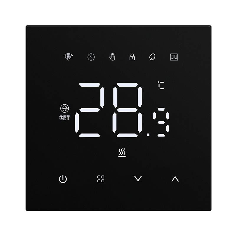 Schwarzes Touch-Thermostat-Display mit Anzeige von 29,9°C, mit Symbolen für Wi-Fi, Sperre, Lüfter und Stromversorgungsregelung.