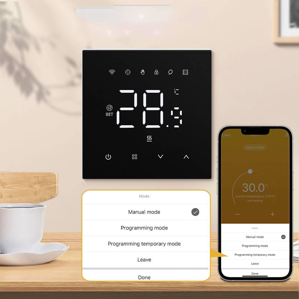 Smart-Thermostat-Display mit 28°C und Touchbedienelementen, daneben ein Telefonmenü mit Optionen für manuelle und Programmierungsmodi.
