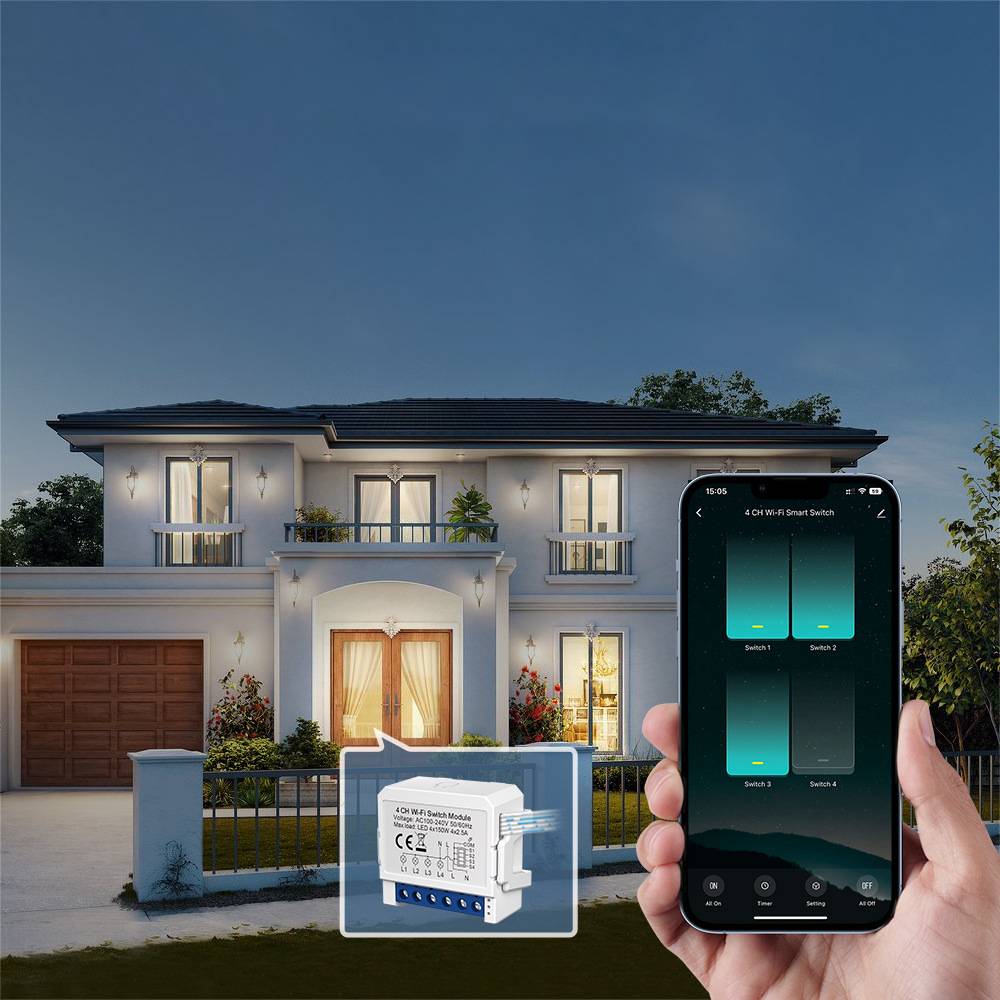 Hand hält ein Smartphone mit einer App, die ein intelligentes Schaltergerät für das Zuhause steuert, gezeigt vor einem beleuchteten zweistöckigen Haus in der Dämmerung.
