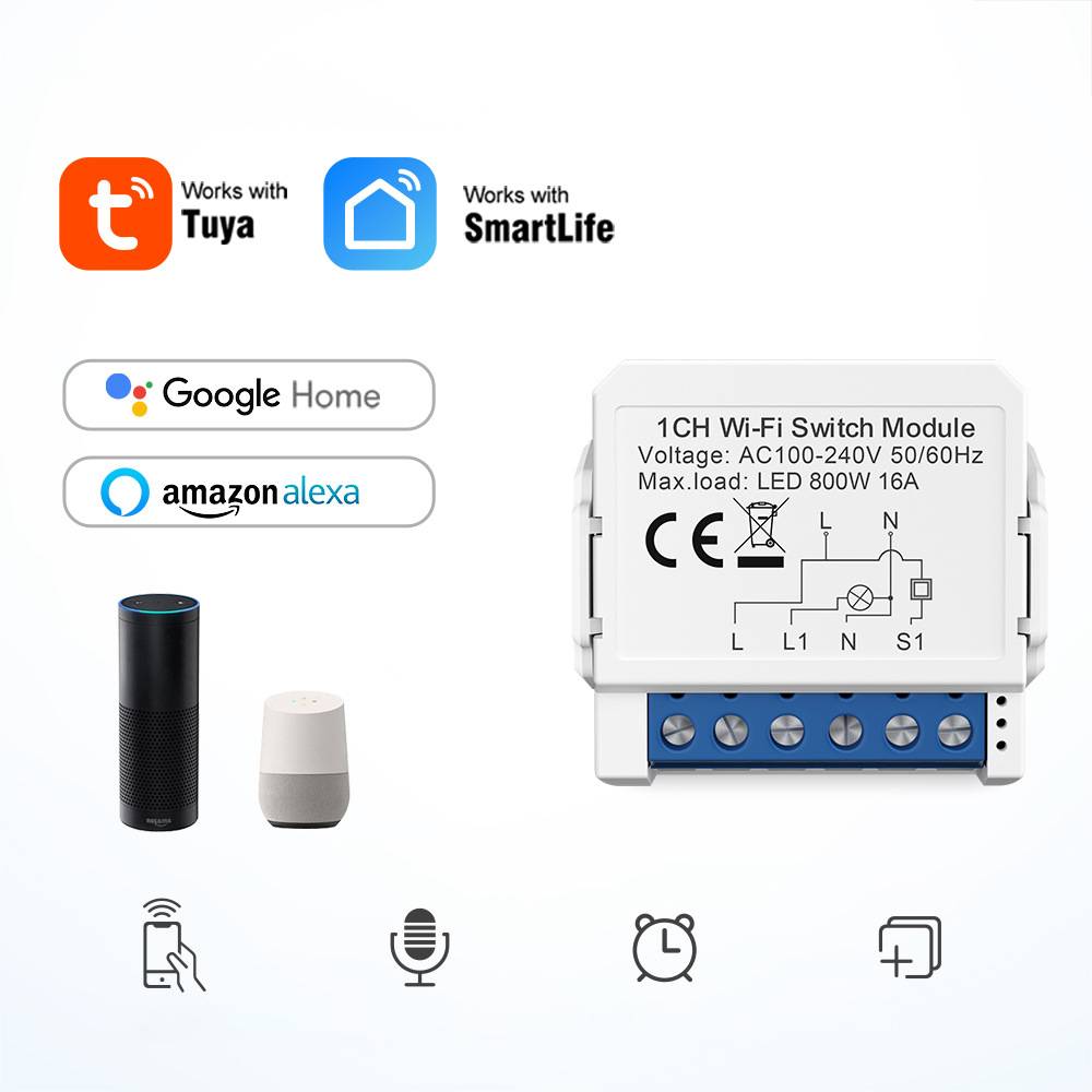 Wi‑Fi-Schaltmodul kompatibel mit Tuya, Smart Life, Google Home und Amazon Alexa, dargestellt mit Schaltplan und Symbolen für intelligente Lautsprecher/Sprachsteuerung.