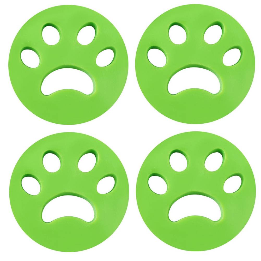 Vier leuchtend grüne, pfotensymbolförmige Scheiben in einem 2x2-Raster auf weißem Hintergrund angeordnet.